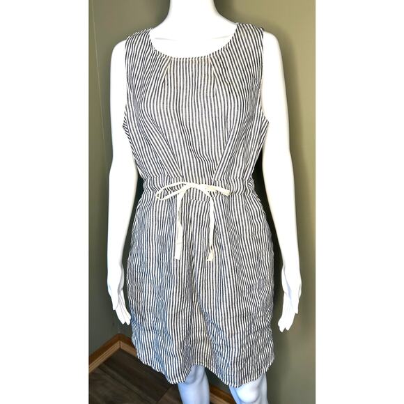 Tulip B Sleeveless 100% Linen Tank Dress Nautical Stripes Cream Black Sz Medium - Picture 1 of 15